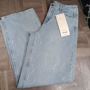 Womens No Boundaries High Rise Slim Straight Crop Y2K Jeans Size 0 Rhinestones